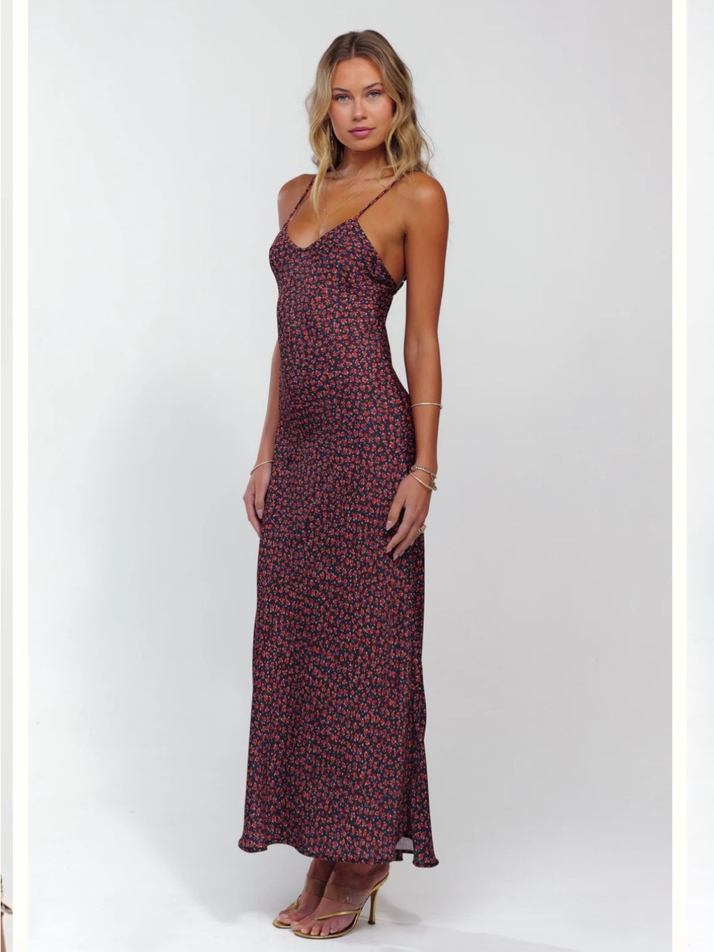 RESA Black Maxi Slip Dress with Pink Floral Print